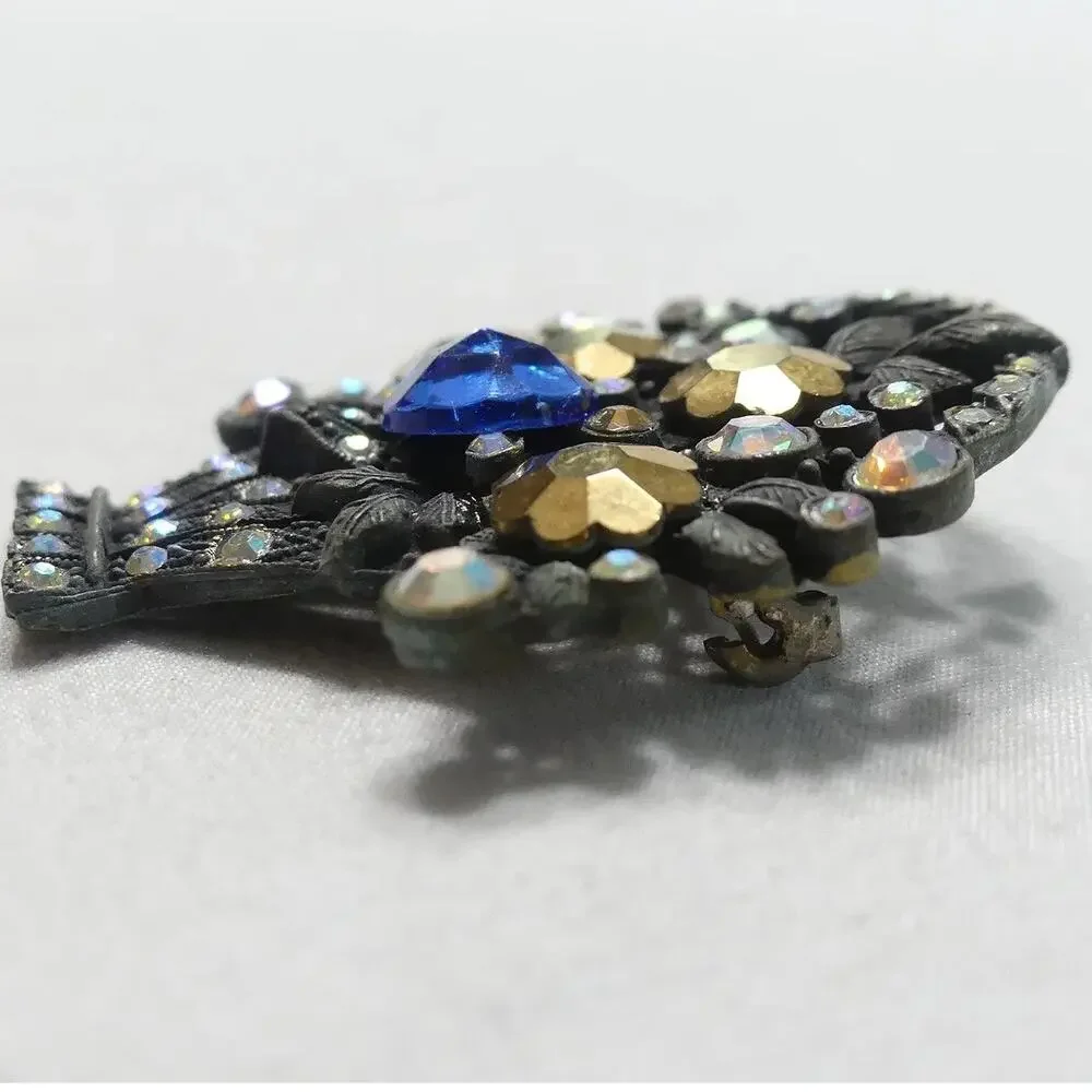Vintage Mid Century Flower Basket Brooch with Cobalt, Aurora Borealis Rhinestone